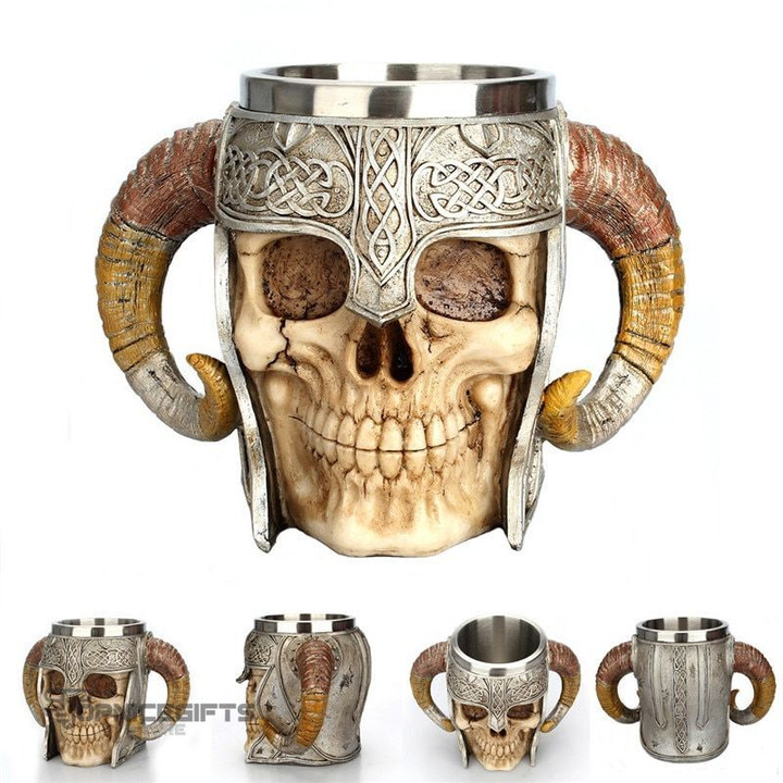 Topnicegifts Retro Horn Skull Resin Beer Mug Stainless Steel Skull Knight Tankard Halloween Coffee Cup Viking Tea Mug Pub Bar Decoration | Free Shipping
