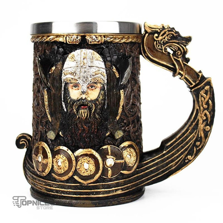 Topnicegifts Viking Tankard Mug 304 Stainless Steel Insert Resin Nordic God Odin