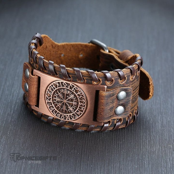 Topnicegifts Men's Stylish Viking Leather Wrap Bracelets Rock Punk Compass Charm Male Wrist Jewelry Length Adjustable