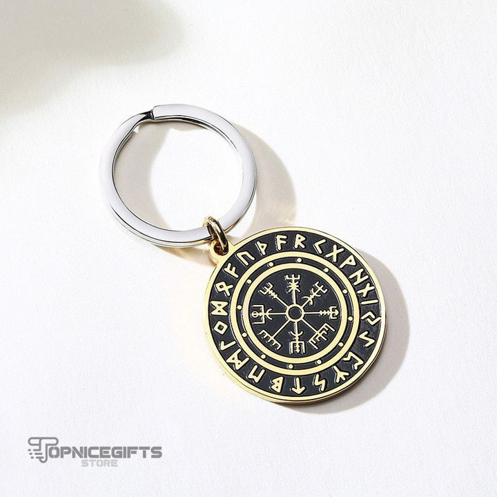 Topnicegifts Vintage Retro Viking Rune Compass Key Chain for Men Stainless Steel Round Keyring Male Casual Accessory