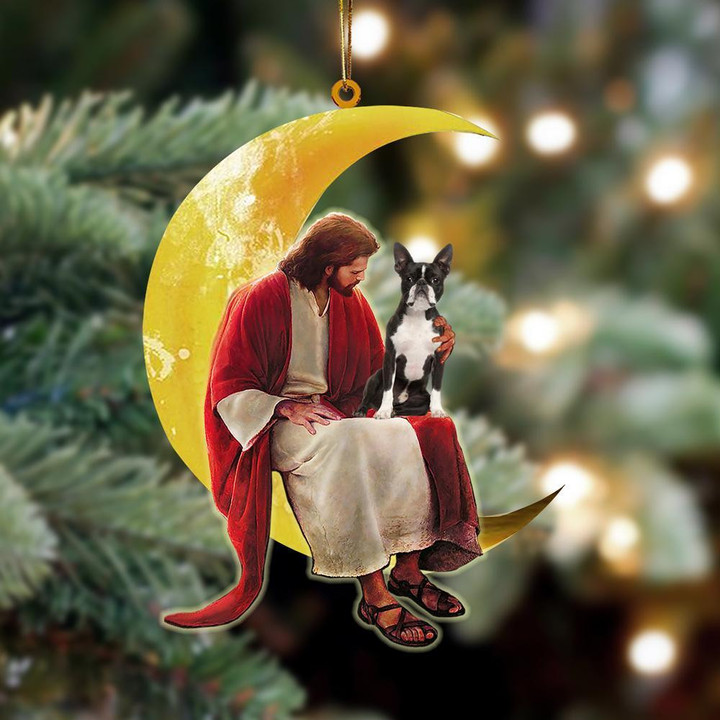 Boston Terrier And Jesus Sitting On The Moon Hanging Ornament