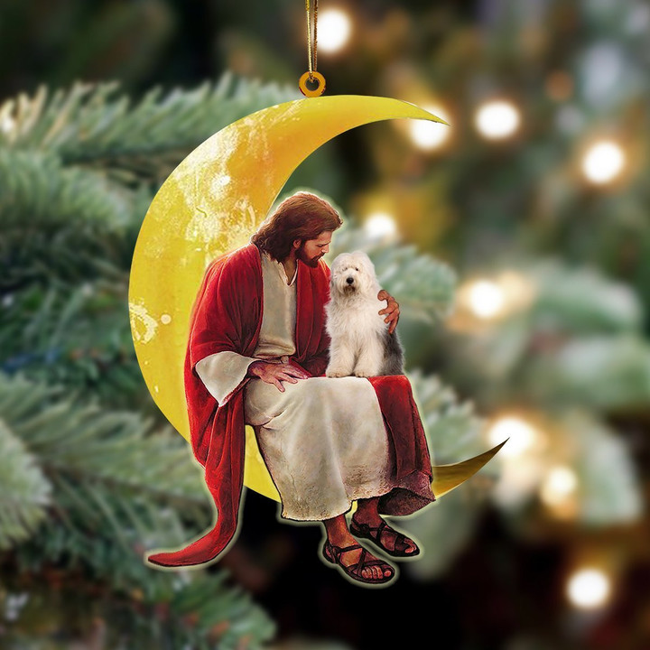 Old English Sheepdog And Jesus Sitting On The Moon Hanging Ornament