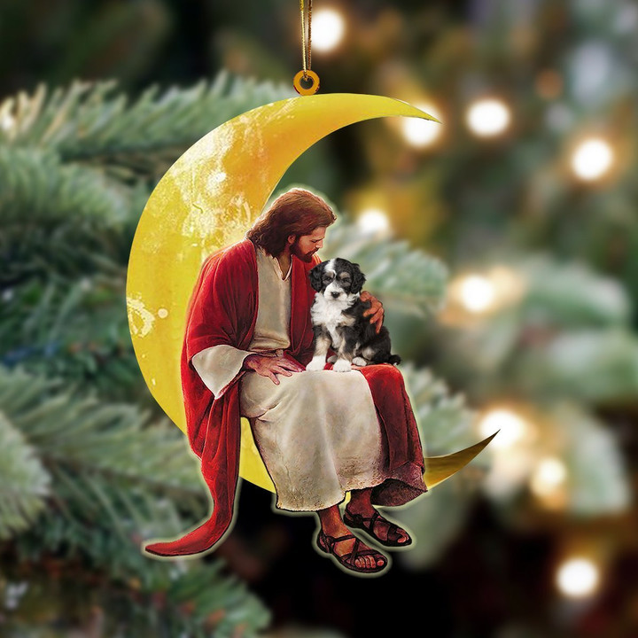 Bernedoodle And Jesus Sitting On The Moon Hanging Ornament