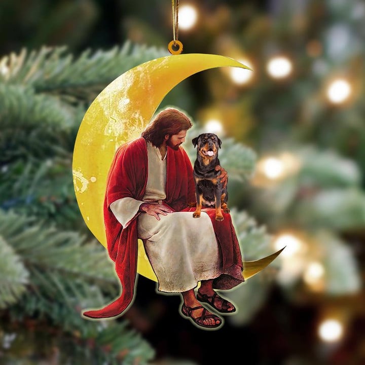Rottweiler And Jesus Sitting On The Moon Hanging Ornament
