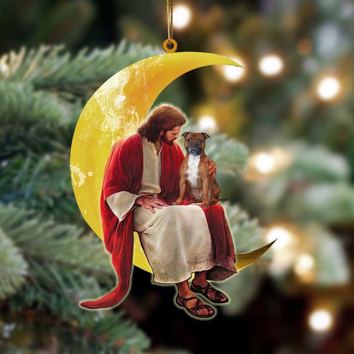 Staffordshire Bull Terrier And Jesus Sitting On The Moon Hanging Ornament
