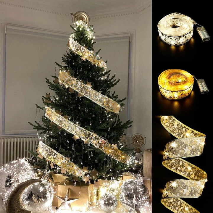 50 LED 5M Double Layer Fairy Lights Strings Christmas Ribbon Bows With LED Christmas Tree Ornaments New Year Navidad Home Decor