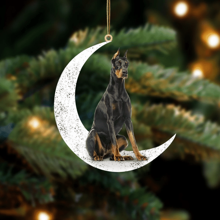 Doberman 2-Sit On The Moon-Two Sided Ornament