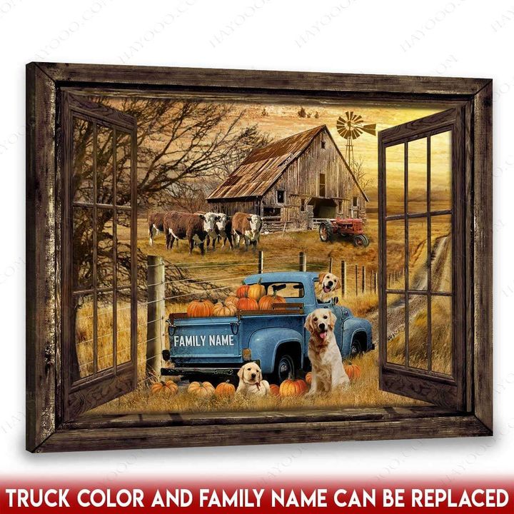Personalized Canvas Faux Window Pickup Truck Dogs Barn Farm Animals H1