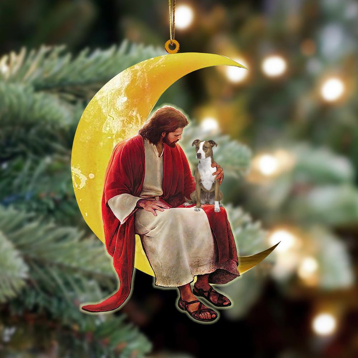 Pit Bull And Jesus Sitting On The Moon Hanging Ornament