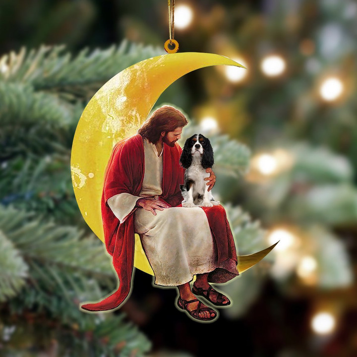 Cavalier King Charles Spaniel And Jesus Sitting On The Moon Hanging Ornament