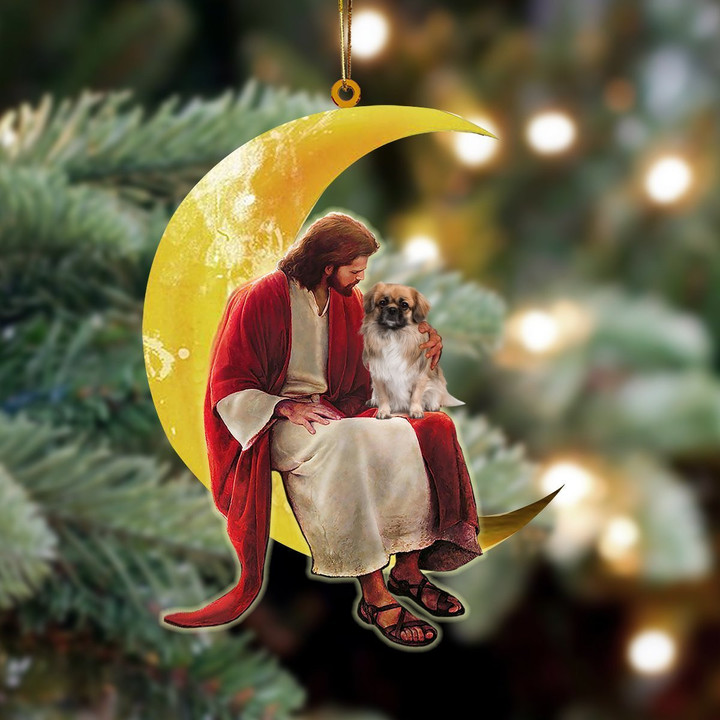 Pekingese And Jesus Sitting On The Moon Hanging Ornament