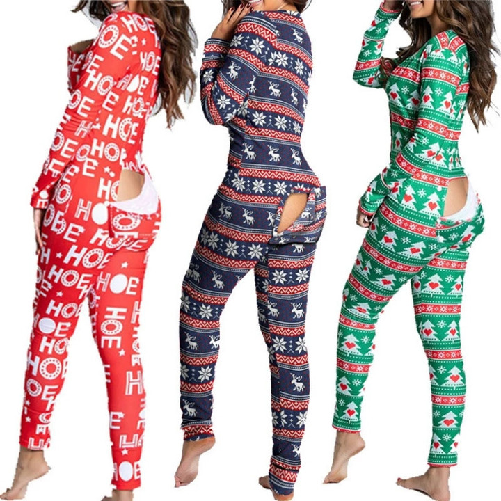 Sexy Pyjama Women's Jumpsuit Suit Button-down Front Back Butt Bum open Ass Flap Jumpsuit Loungewear Christmas Print Buttoned