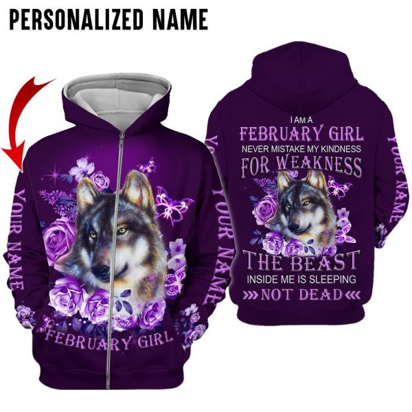 Personalized Name February Wolf Girl 3D All Over Printed Clothes