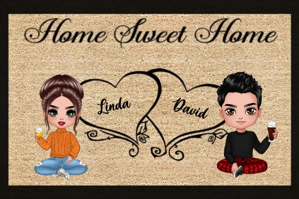 Doll Couple Sitting Home Sweet Home Valentine‘s Day Gift Personalized Doormat