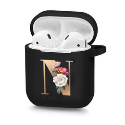 Cute Floral Gold Initial Alphabet Letter Soft Case For AirPods 2 1 Black Silicone Wireless Bluetooth Earphone Box Matte Cover