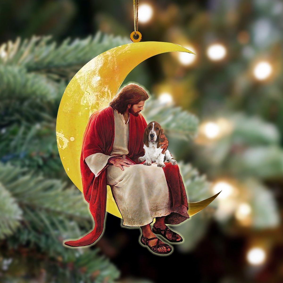 Basset Hound And Jesus Sitting On The Moon Hanging Ornament