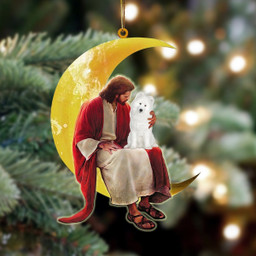 Samoyed And Jesus Sitting On The Moon Hanging Ornament