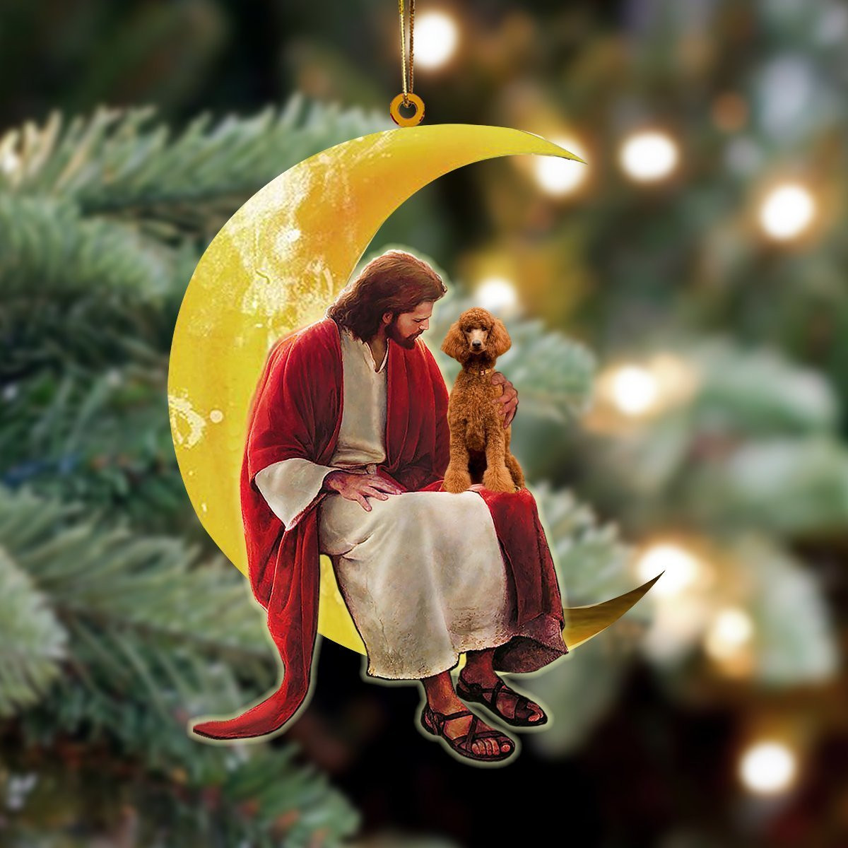 Poodle And Jesus Sitting On The Moon Hanging Ornament