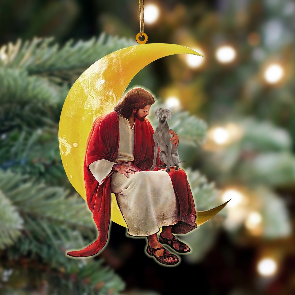 Weimaraner And Jesus Sitting On The Moon Hanging Ornament