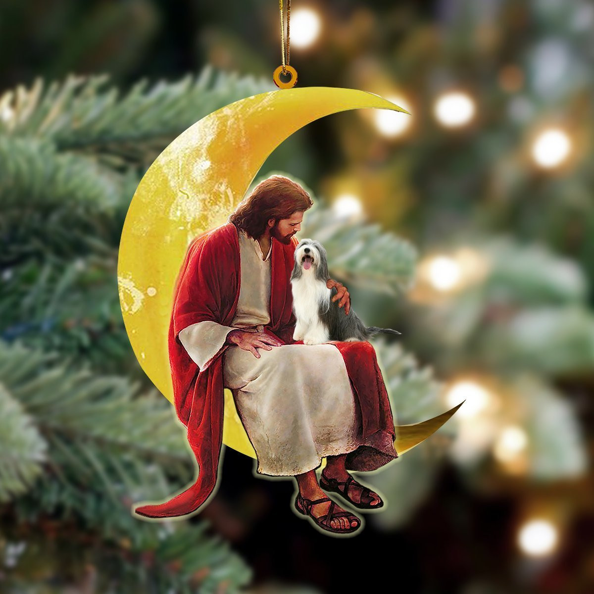 Bearded Collie And Jesus Sitting On The Moon Hanging Ornament
