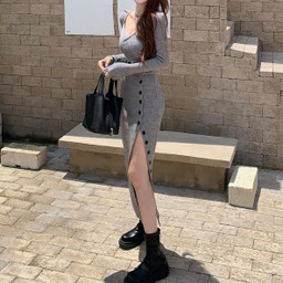 Long sleeve knit top slit long skirt