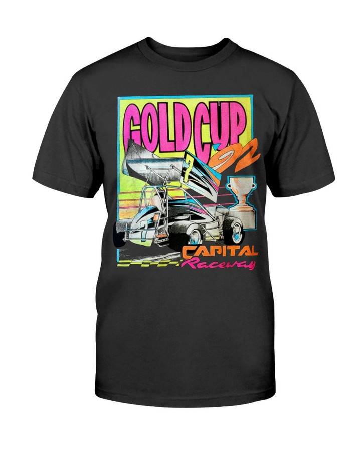 Vintage 90S Gold Cup Racing Tshirt Neon Sprint Car Capitol Raceways Edmonton Canada 1992 T Shirt 082921
