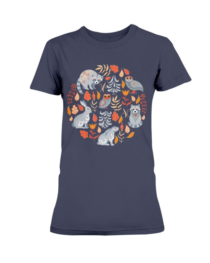 Fairy Forest With Animals And Birds Raccoons Owls Bunnies And Little Chick Ladies T Shirt 090721