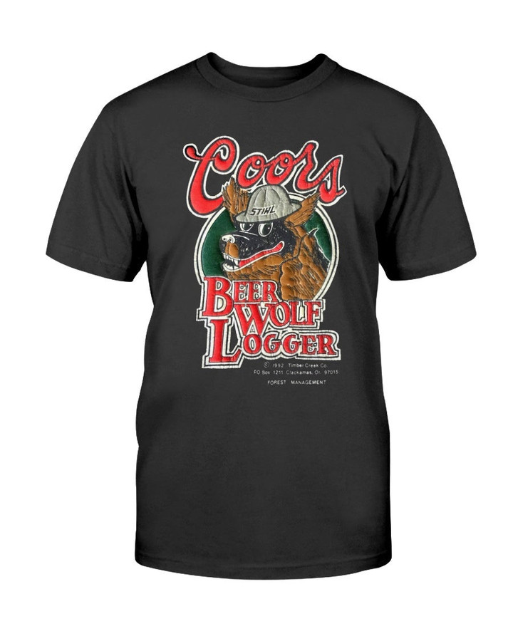 90S Coors Beer Wolf Logger Shirt Vintage 1992 Coors Beerwolf Logger Stihl Oregon Forest Management Spoof Promo T Shirt 070621