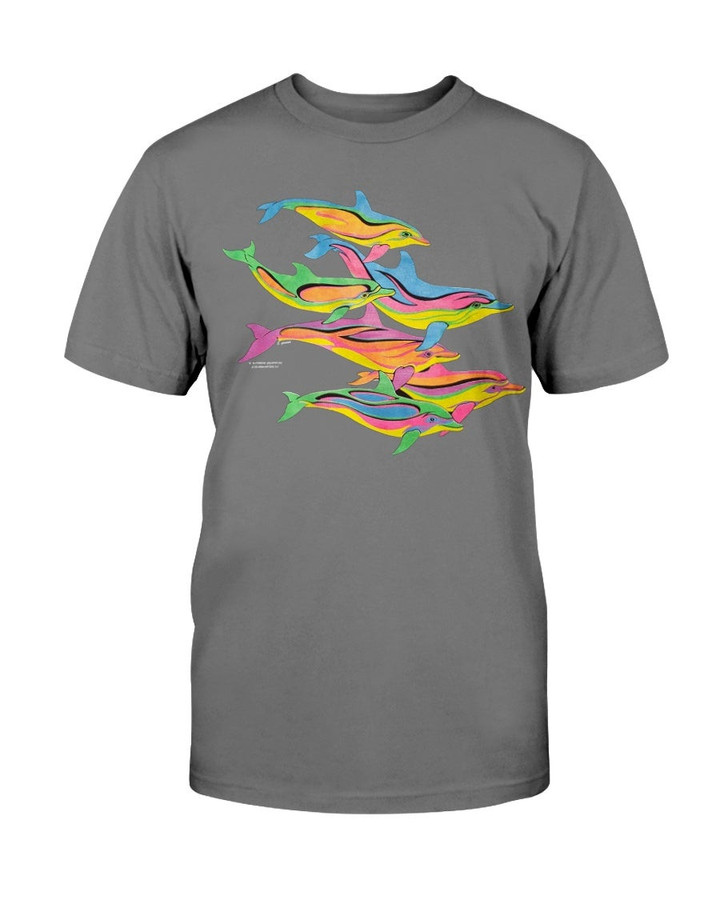 Vintage 90S Rainbow Dolphins Shirt Florida Black Beach Signal Colorful T Shirt 090421