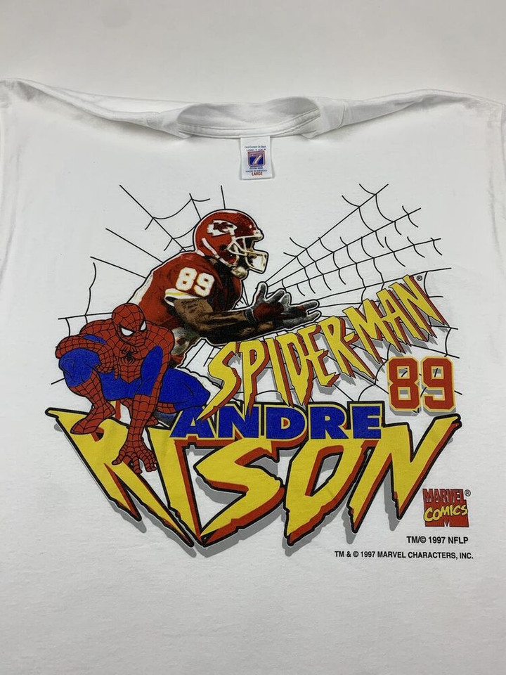 Vintage 1997 Marvel Logo 7 Andre Rison Spiderman Kansas City Chiefs T Shirt