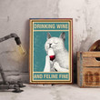 Drinking Wine And Feline Fine White Cat And Wine Gift For Animal Lover Satin Portrait Wall Art Canvas - MakedTee