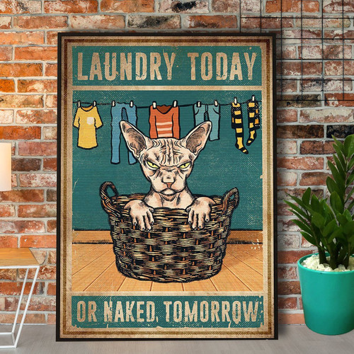 Sphynx Cat Laundry Today Or Naked Tomorrow Retro Green No Frame Canvas Poster Wall Art Decor
