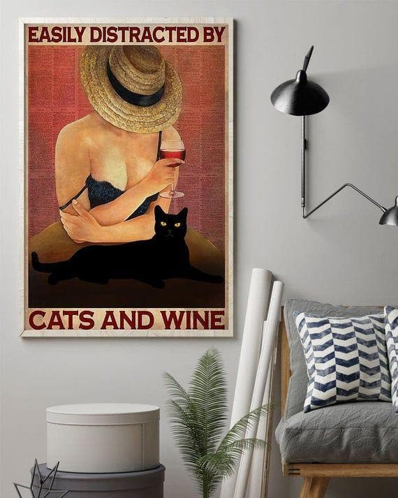 Easily Distracted By Cats And Wine Poster Canvas - MakedTee
