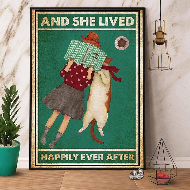 Book Girl ; Cat And She Lived Happily Ever After Poster Wrapped Canvas Wall Decor Canvas - MakedTee