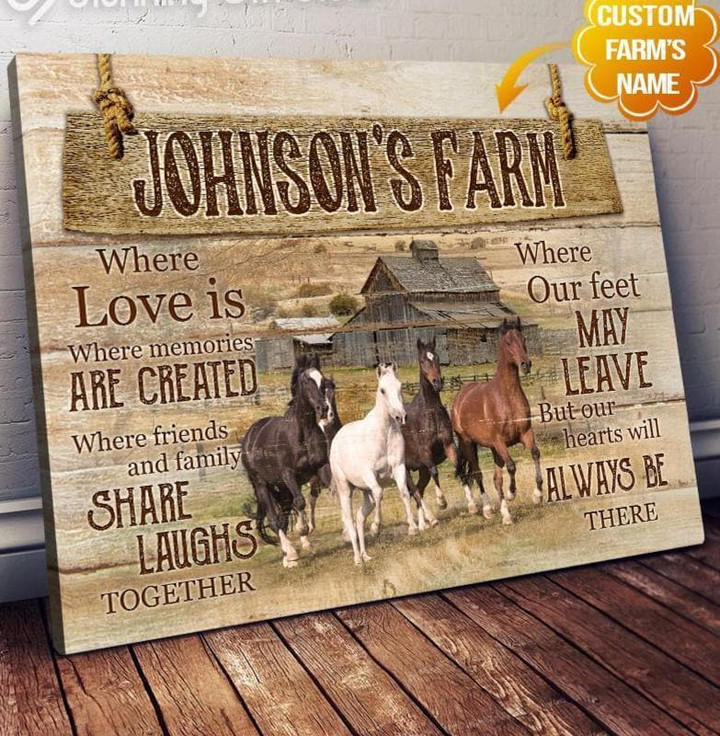Personalized Name Text Rustic Horses Farmhouse Hanging Farm Is Where Love Is Wall Art Canvas - MakedTee