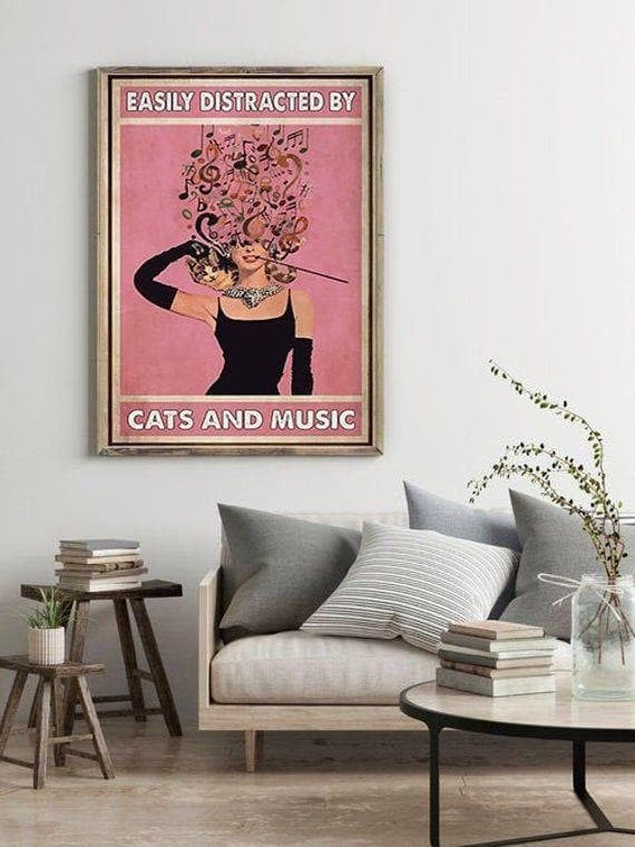 Easily Distracted By Cats And Music Home Decor Print Wall Art Decor Canvas - MakedTee