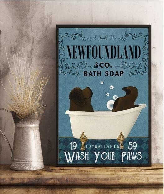Newfoundland And Co Bath Soap Wash Your Paws Funny Bathroom Wall Art Print Canvas - MakedTee
