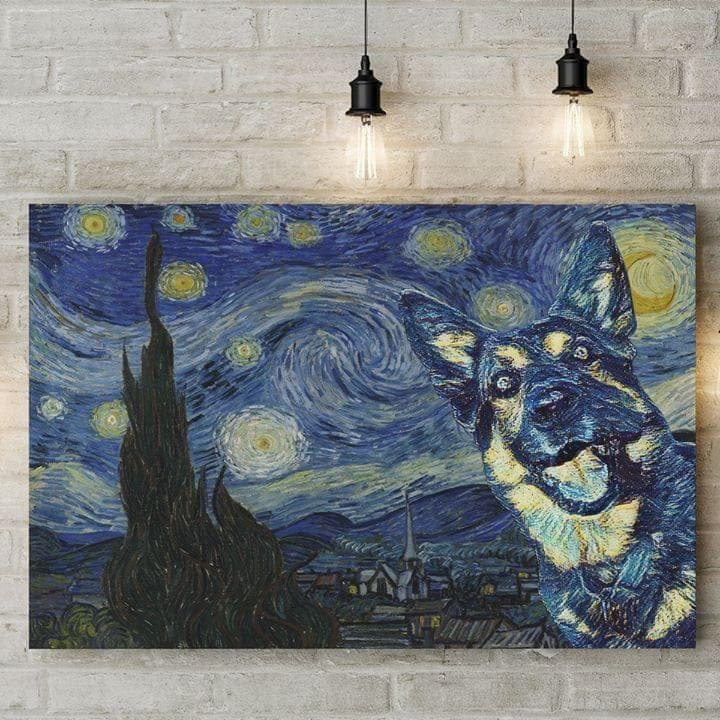 Funny German Shepherd Van Gogh The Starry Night Oil Painting For Dog Lover Canvas - MakedTee