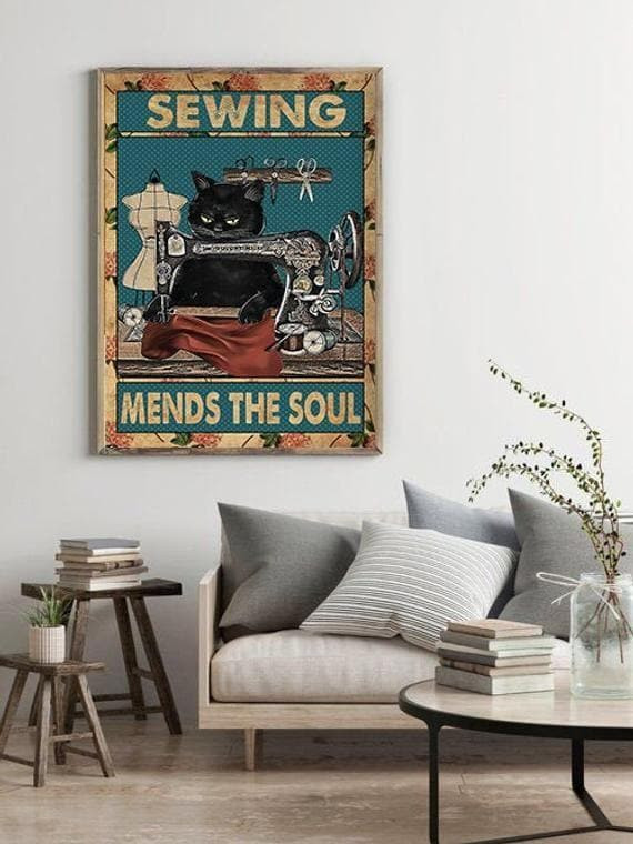 Sewing Mends The Soul Poster Black Cat Wall Decor Poster (For Sewing Room) Canvas - MakedTee