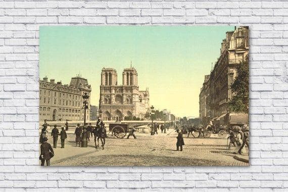 Vintage Poster Of Notre Dame Cathedral And St. Michael Bridge Paris 1890 - 1900 Canvas - MakedTee