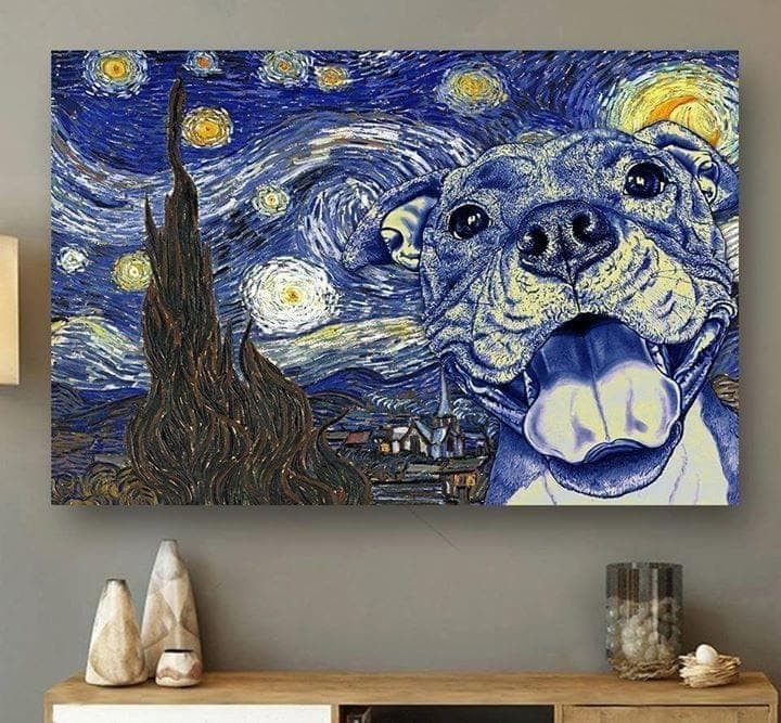 Cute Pitbull Van Gogh The Starry Night Oil Canvas For Dog Lover Wall Art Print Canvas - MakedTee