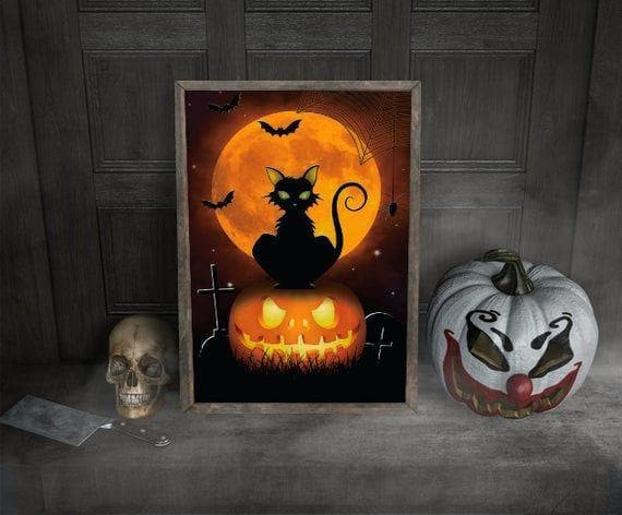 Black Cat And Pumpkin Halloween Print Wall Art Decor Canvas - MakedTee