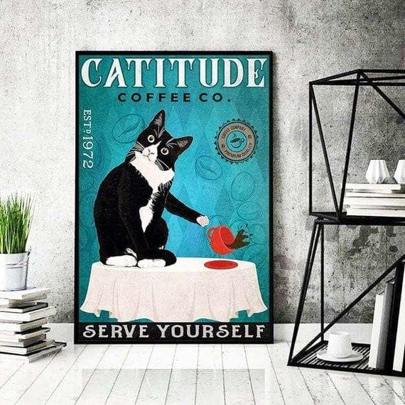 Cat Poster Catitude Coffeeco Cat Print Wall Art Decor Canvas - MakedTee