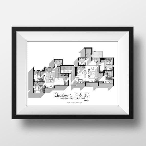 Friends Tv Show Apartment 19 &20 Floor Plan In Black And White Wall Art Print Canvas - MakedTee