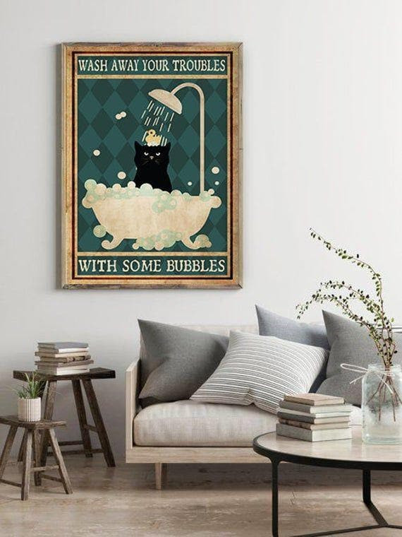 Wash Away Your Troubles With Some Bubbles Black Cat Bathroom Decor Printed Wall Art Decor Canvas - MakedTee