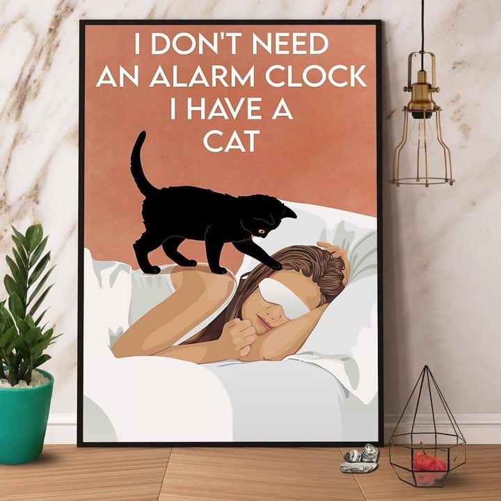 Black Cat & Girl I Don'T Need An Alarm Clock I Have A Cat Satin Portrait Wall Art Canvas - MakedTee
