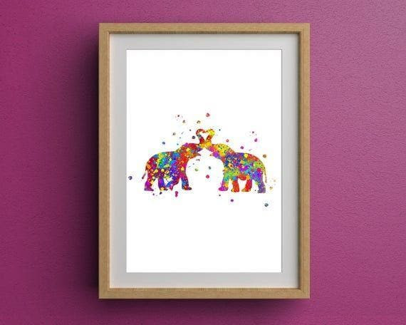 Watercolour Elephant Love Print Wall Art Decor Canvas - MakedTee