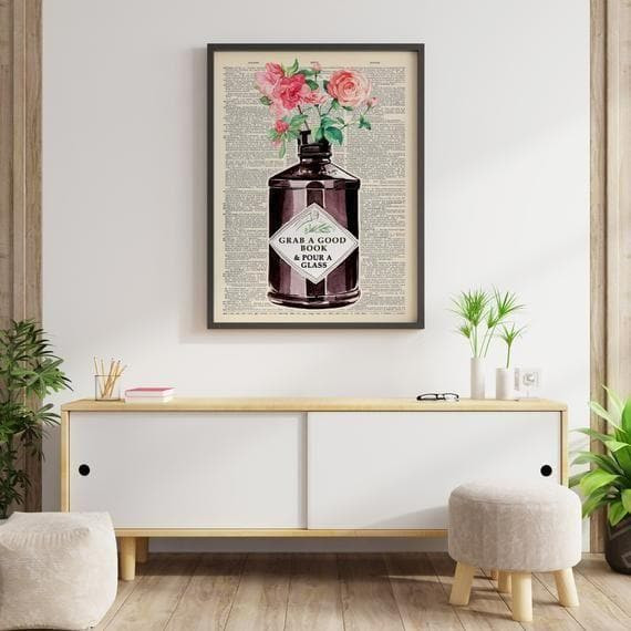 Vintage Gin Reading Floral Print Floral Art Quote Printed Wall Art Decor Canvas - MakedTee