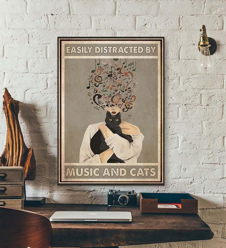 Music Easily Distracted By Music And Cats Vinyl Girl Drink Wine Cat Sign Music Lover Satin Portrait Wall Art Canvas - MakedTee