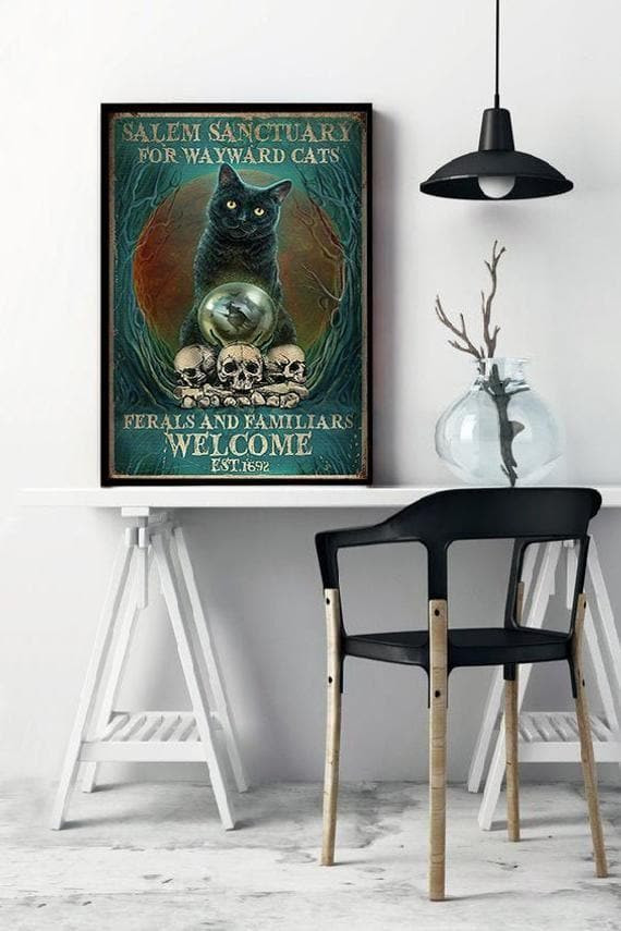 Black Cat Salem Sanctuary For Wayward Cats Print Wall Art Decor Canvas - MakedTee